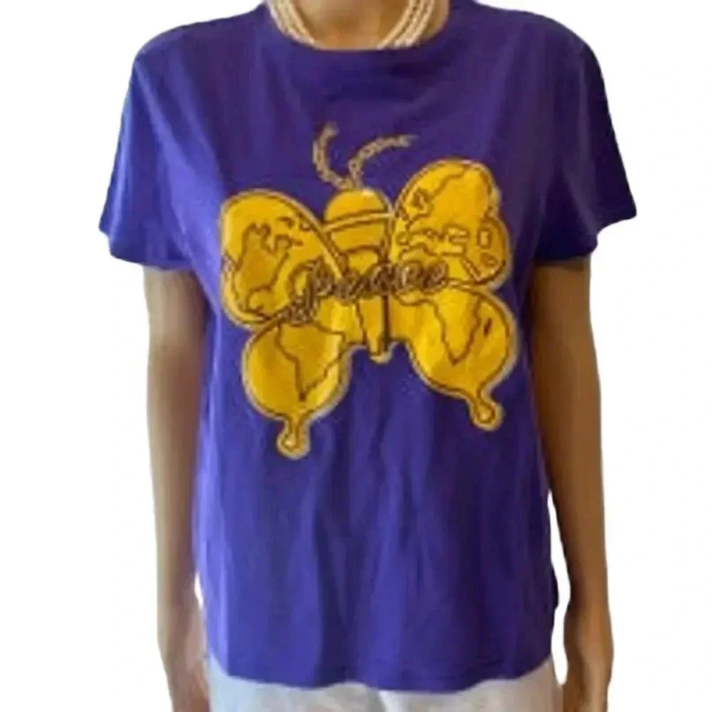 100% Organic Cotton Gold Butterfly print Purple T Shirt Women Size XL 15/17